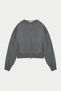 COLLARLESS KNITTED ZIP THROUGH BOMBER - GREY MARL
