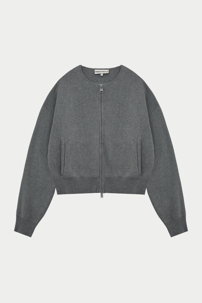 COLLARLESS KNITTED ZIP THROUGH BOMBER - GREY MARL