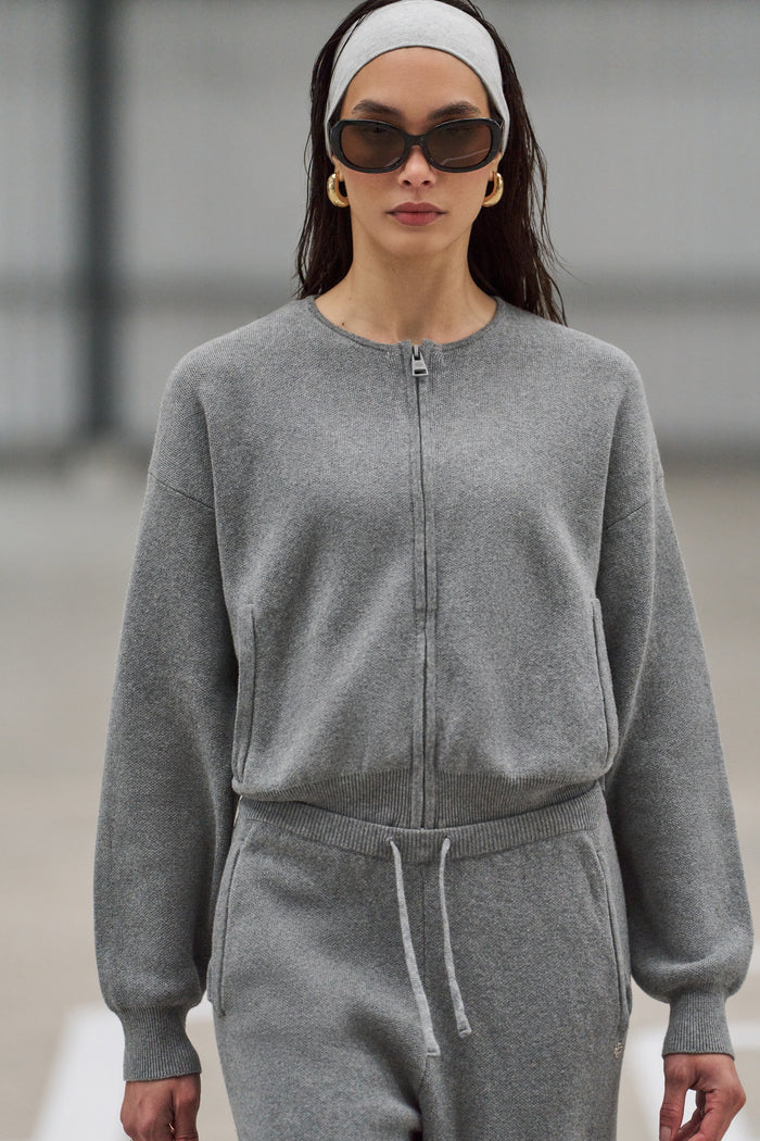 COLLARLESS KNITTED ZIP THROUGH BOMBER - GREY MARL