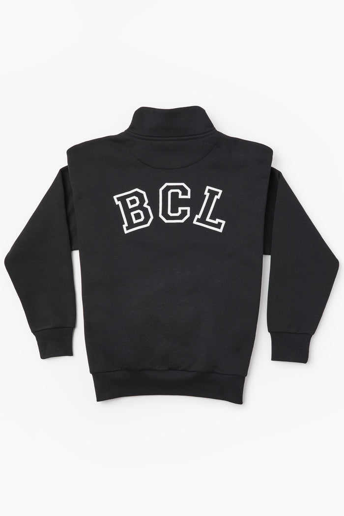 The Collingwood Half-Zip Sweatshirt & Leggings Set in black features an oversized sweatshirt with a high collar, ribbed cuffs, and large white “BCL” letters on the back—ideal for pairing with high-waisted leggings for a stylish athleisure look.