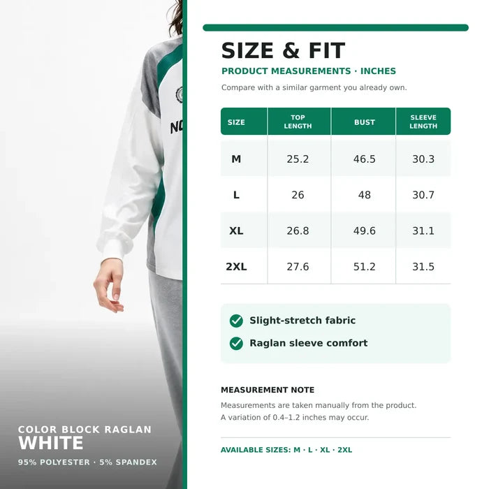White color block raglan sweatshirt professional size guide with model and exact M to 2XL measurements in inches.