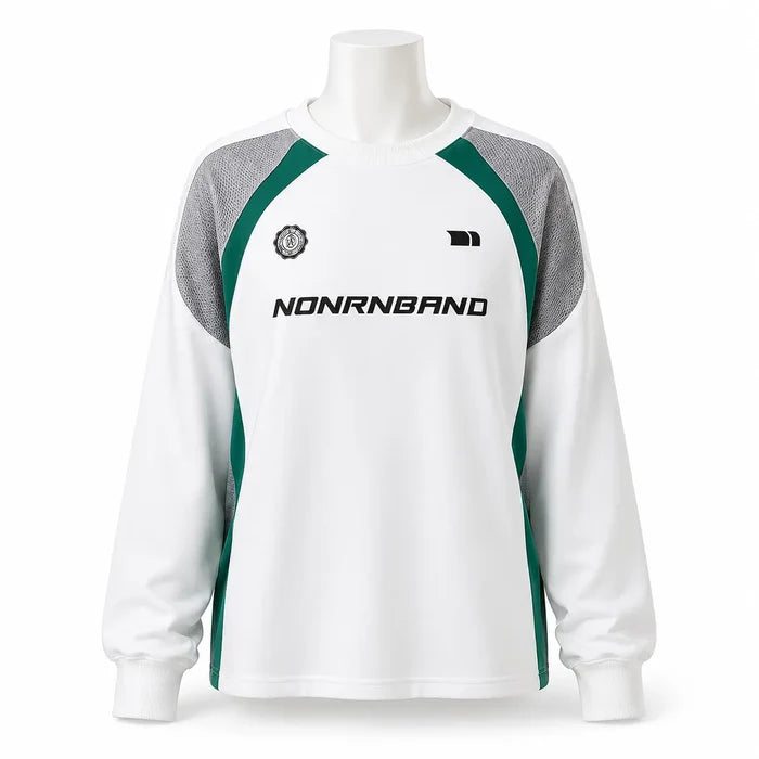 White color block raglan sleeve sweatshirt on headless mannequin, front view on white background for product comparison.