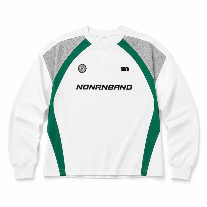 White color block raglan sleeve sweatshirt flat lay showing green and gray panels, front graphics and complete silhouette.