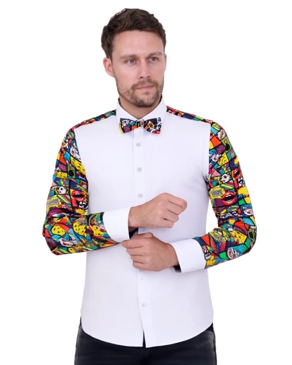 Comic Book Print Tuxedo Shirt-Makrom