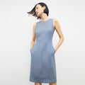 Front image of a woman wearing the constance dress in indigo and white | Lead