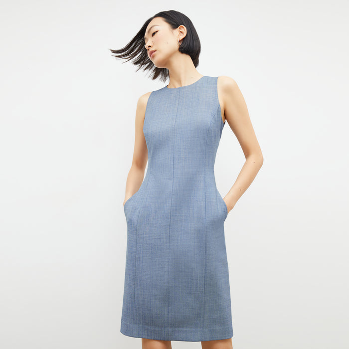 Front image of a woman wearing the constance dress in indigo and white | Lead