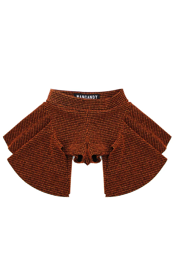 MANCANDY Copper Lurex Biker in metallic stretch lurex with draped side panels and high side openings.