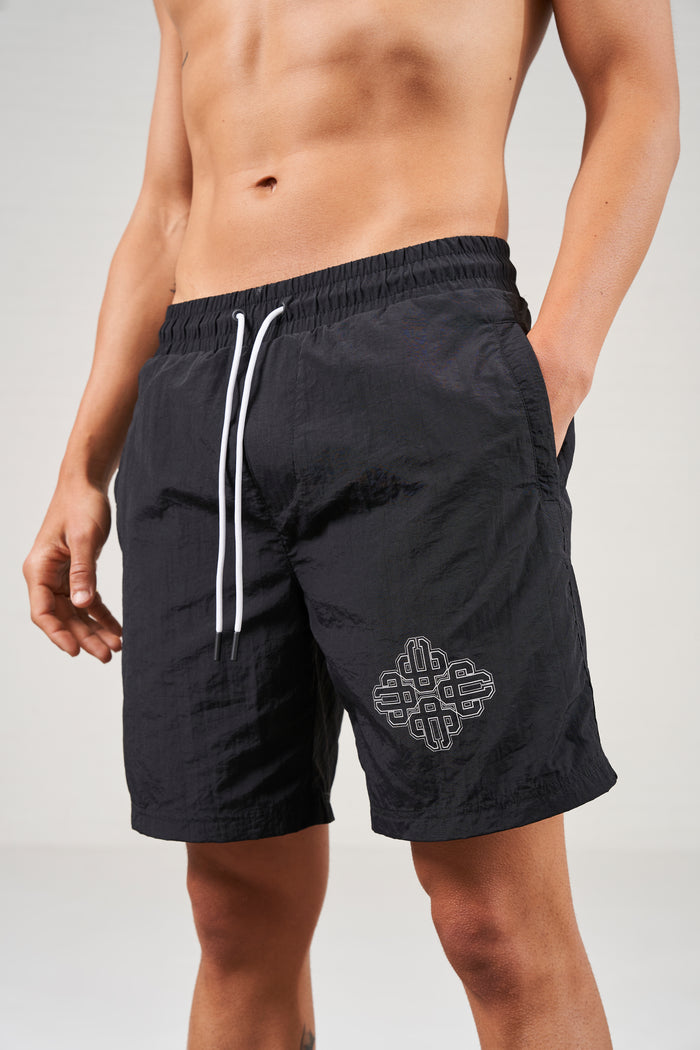 COPYRIGHT EMBLEM MID LENGTH SWIM SHORTS - BLACK