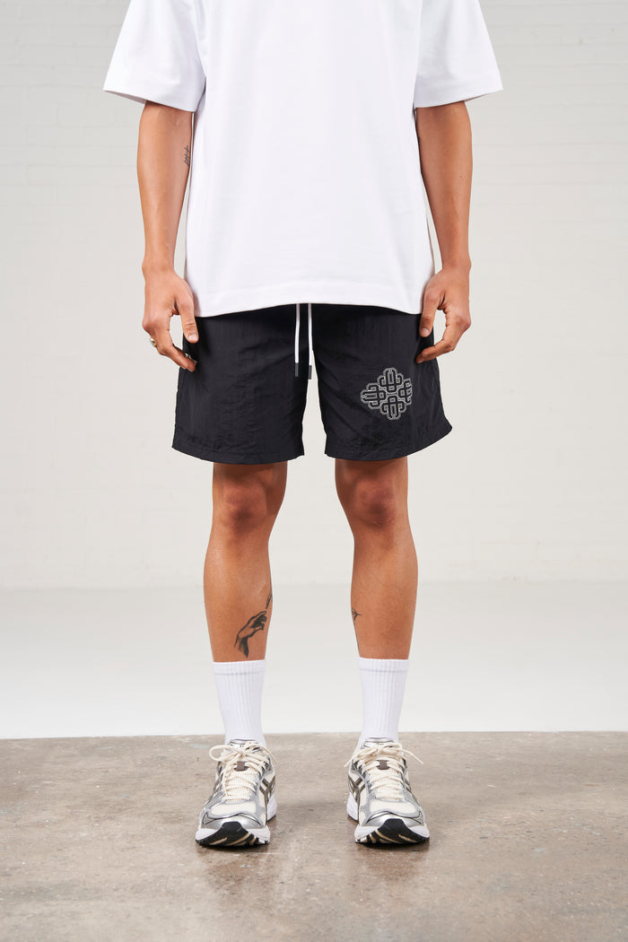COPYRIGHT EMBLEM MID LENGTH SWIM SHORTS - BLACK