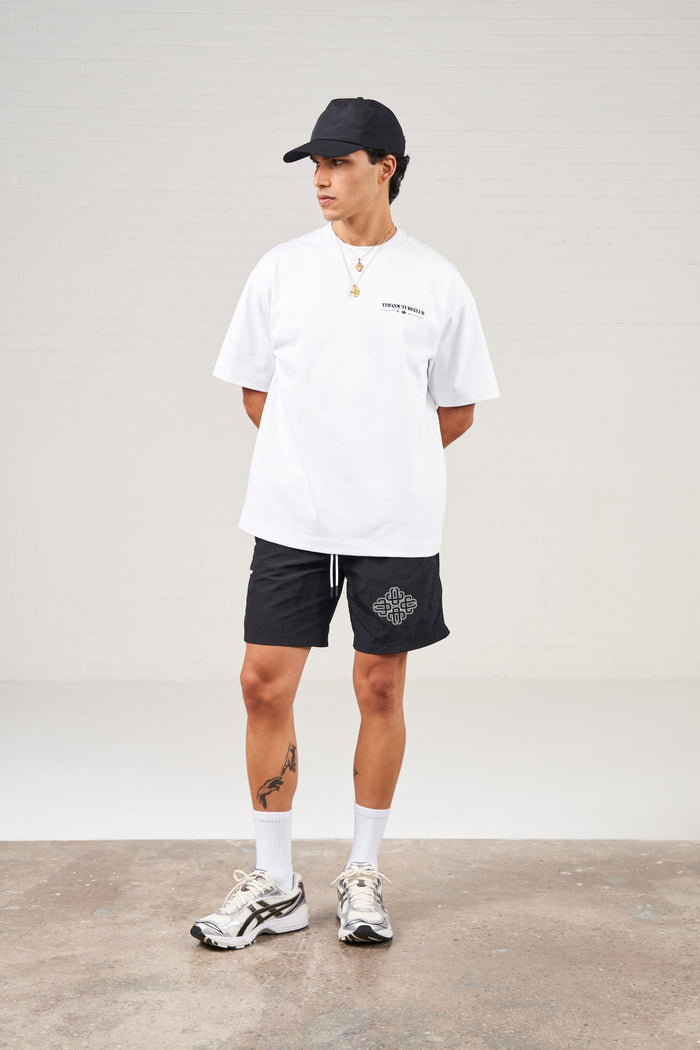 COPYRIGHT EMBLEM MID LENGTH SWIM SHORTS - BLACK