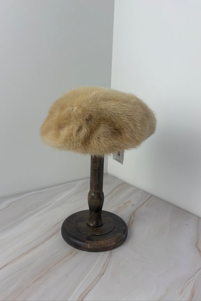 Cream Mink Fur Beret with PomPoms