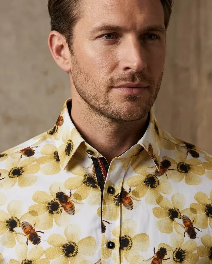 Cream Pure Cotton Honey Bee Print Men's Shirt