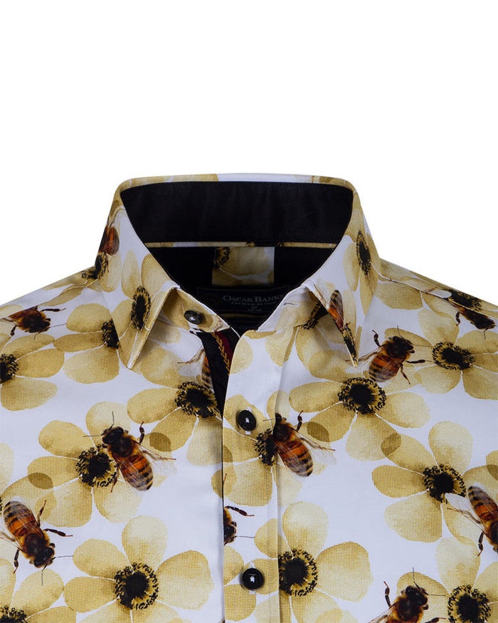 Cream Pure Cotton Honey Bee Print Men's Shirt-Makrom