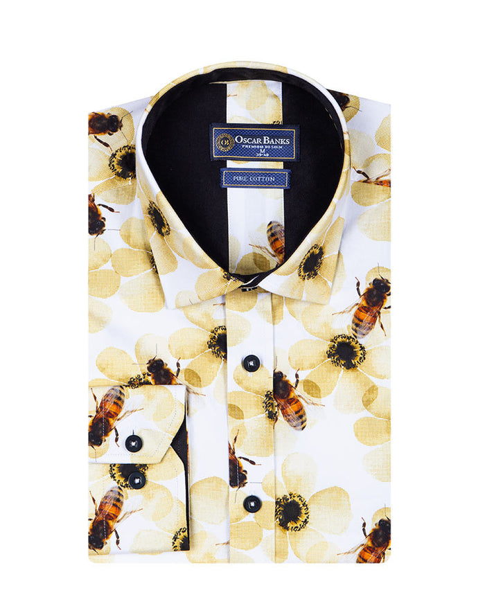 Cream Pure Cotton Honey Bee Print Men's Shirt-Makrom