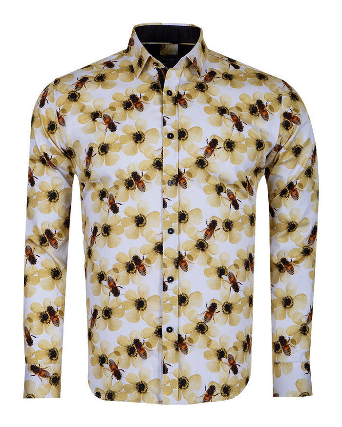 Cream Pure Cotton Honey Bee Print Men's Shirt-Makrom