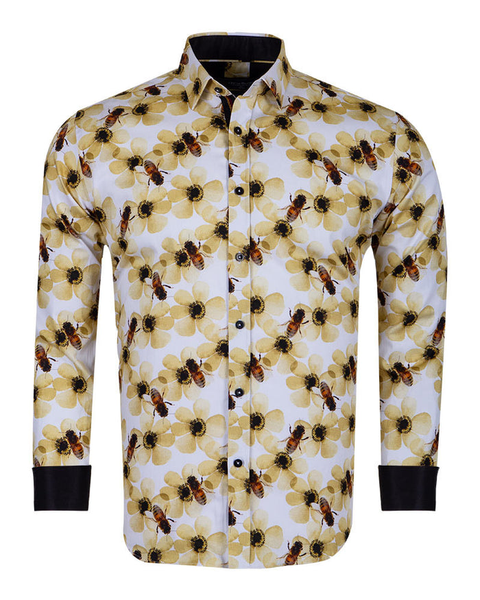 Cream Pure Cotton Honey Bee Print Men's Shirt-Makrom