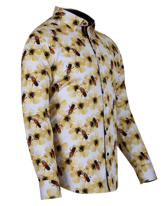 Cream Pure Cotton Honey Bee Print Men's Shirt-Makrom