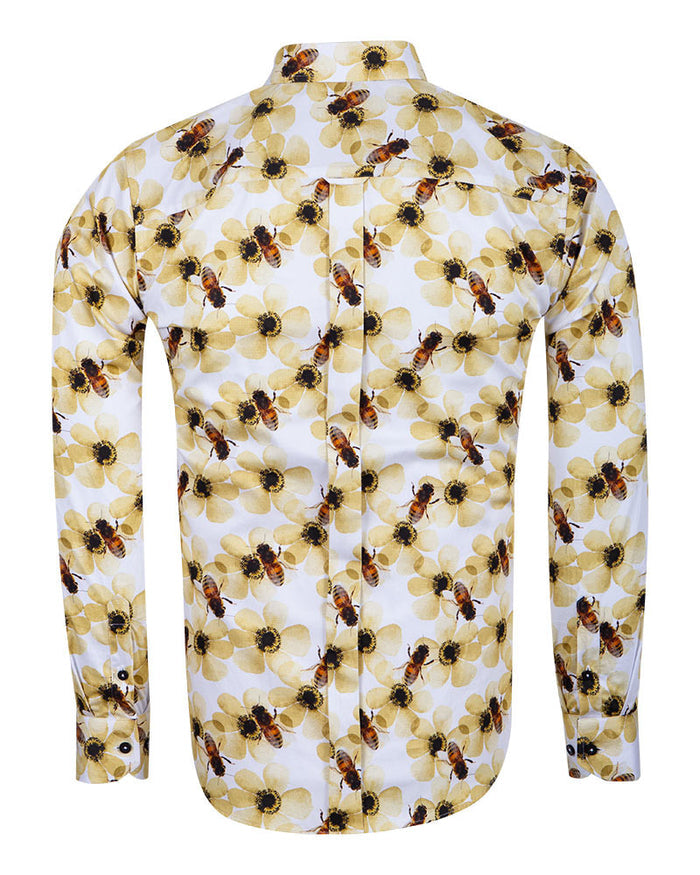 Cream Pure Cotton Honey Bee Print Men's Shirt-Makrom