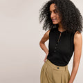 image of a woman wearing the crimmins top in black  | Lead