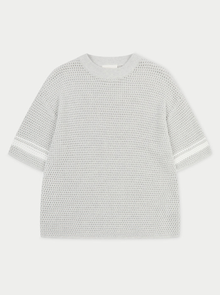 CROCHET KNITTED CONTRAST STRIPE T-SHIRT - GREY