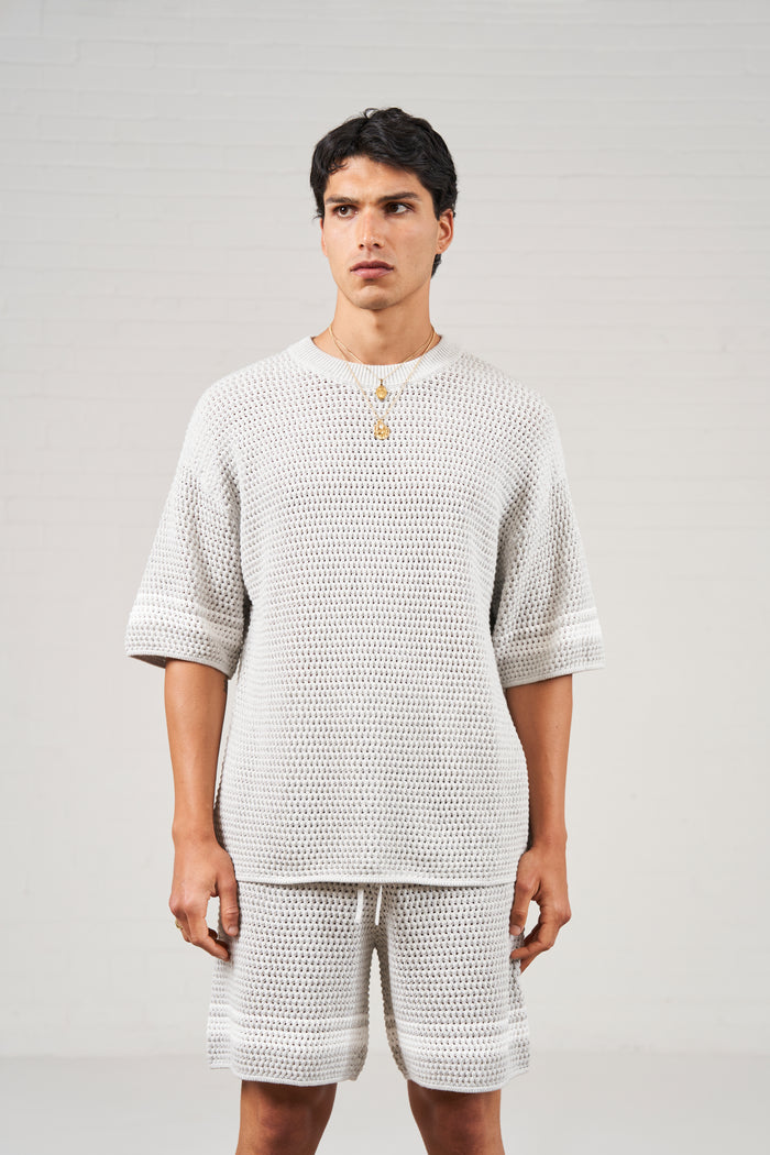 CROCHET KNITTED CONTRAST STRIPE T-SHIRT - GREY