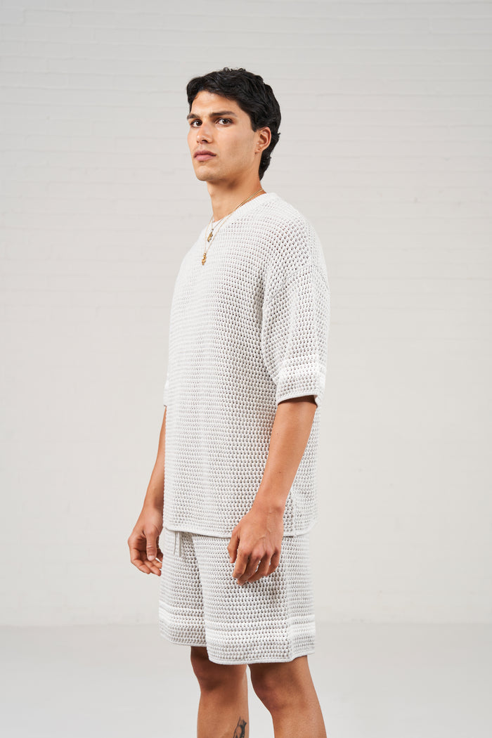 CROCHET KNITTED CONTRAST STRIPE T-SHIRT - GREY