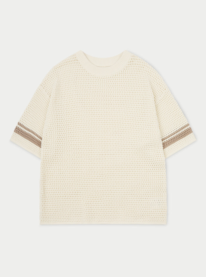 CROCHET KNITTED CONTRAST STRIPE T-SHIRT - OFF WHITE