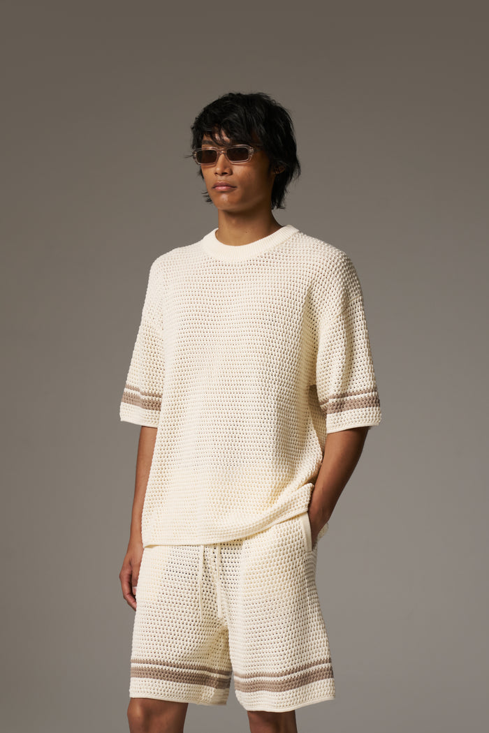 CROCHET KNITTED CONTRAST STRIPE T-SHIRT - OFF WHITE