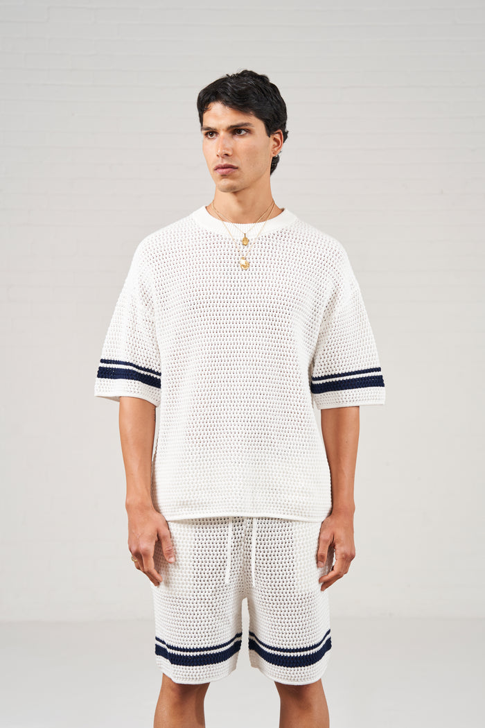 CROCHET KNITTED CONTRAST STRIPE T-SHIRT - WHITE