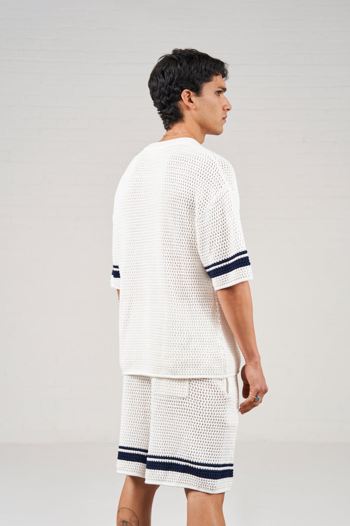 CROCHET KNITTED CONTRAST STRIPE T-SHIRT - WHITE