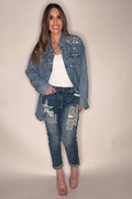 Style the Crystal Embellished Denim Button Down Top exclusively at Born To Glam