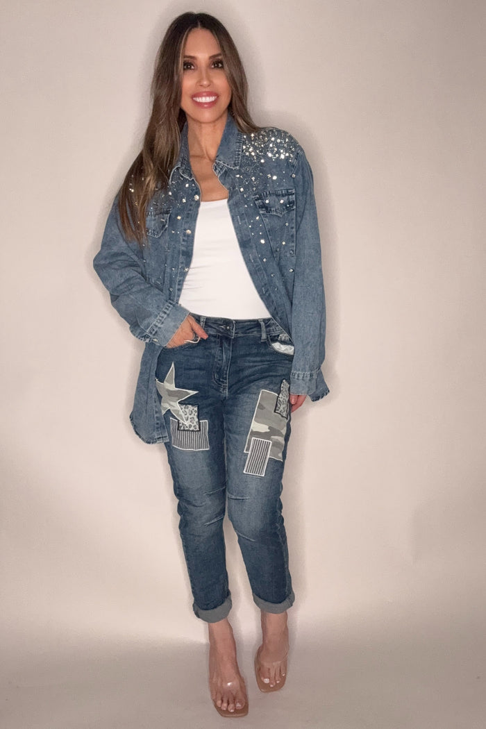 Style the Crystal Embellished Denim Button Down Top exclusively at Born To Glam