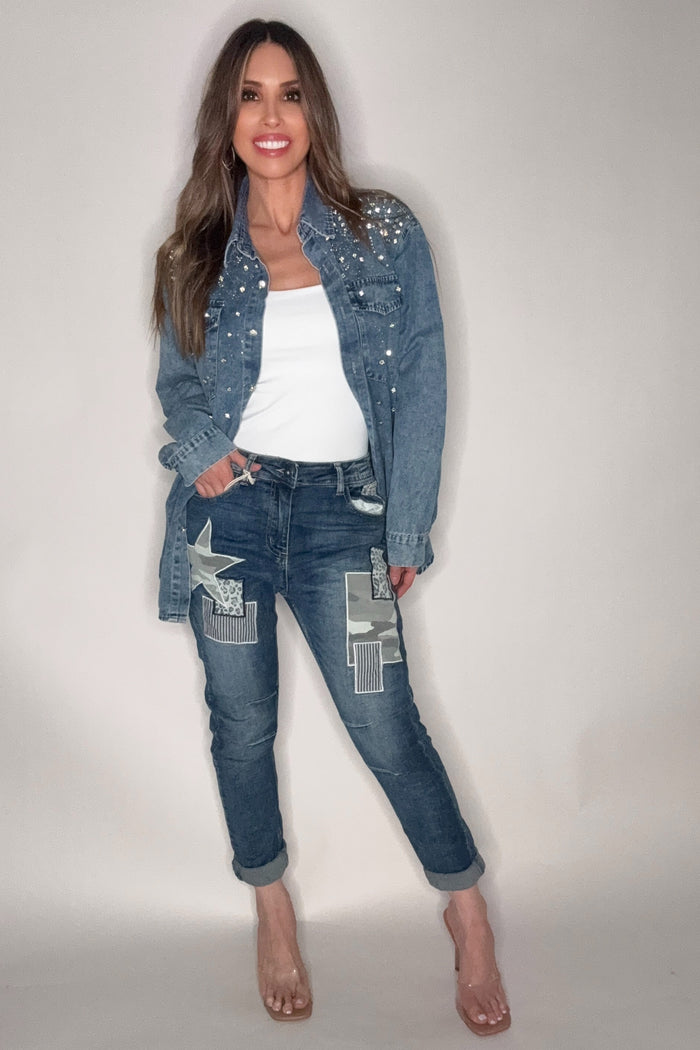 Style the Crystal Embellished Denim Button Down Top exclusively at Born To Glam