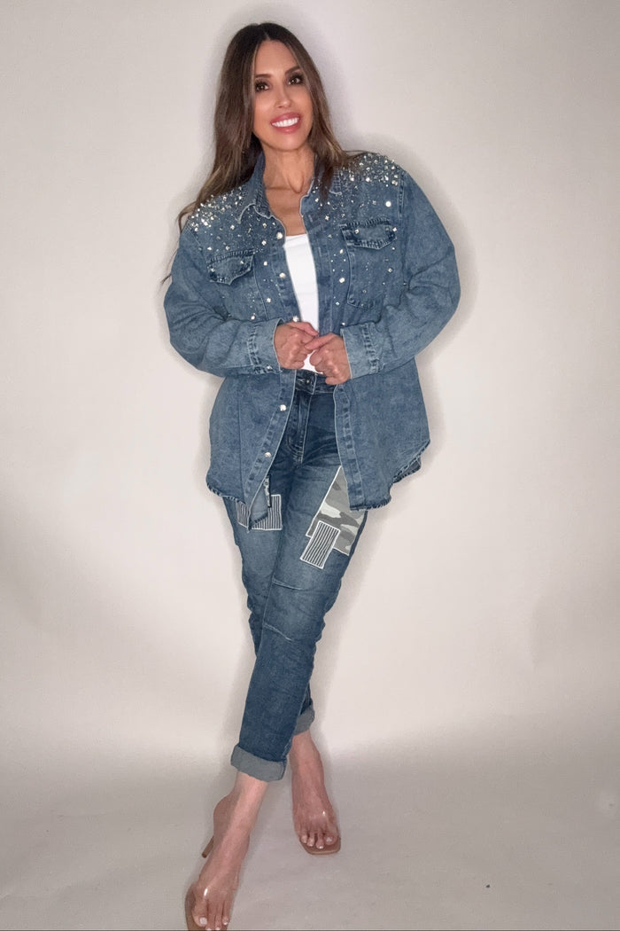 Style the Crystal Embellished Denim Button Down Top exclusively at Born To Glam