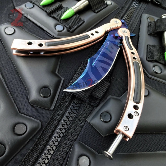 CSGO Blue Slaughter Butterfly Knife SHARP 440C Counter Strike Bronze Balisong