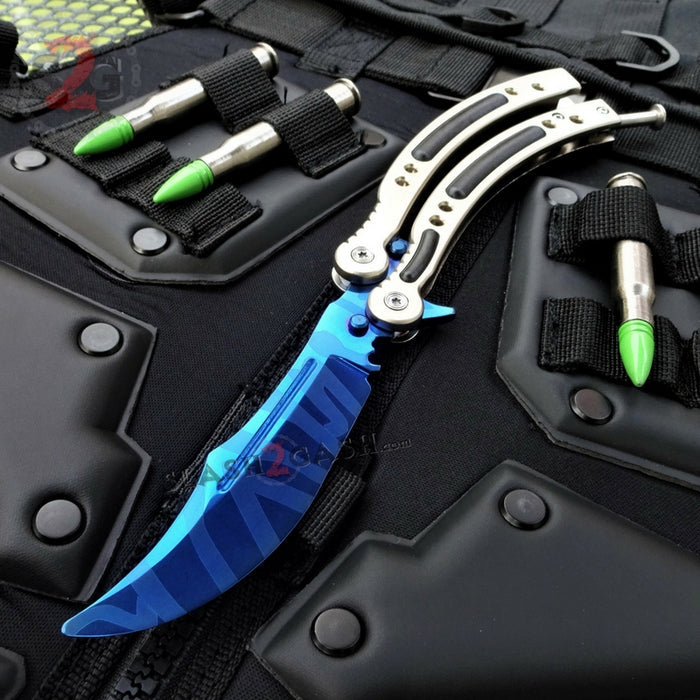CSGO Blue Slaughter Butterfly Knife TRAINER Dull PRACTICE Balisong Silver Handle CS:GO