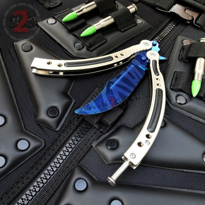 CSGO Blue Slaughter Butterfly Knife TRAINER Dull PRACTICE Balisong Silver Handle CS:GO