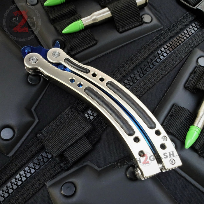 CSGO Blue Slaughter Butterfly Knife TRAINER Dull PRACTICE Balisong Silver Handle CS:GO