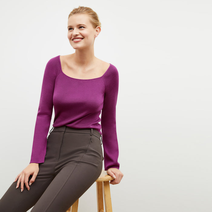 Front image of a woman wearing the Curie Pant in Dark Mink