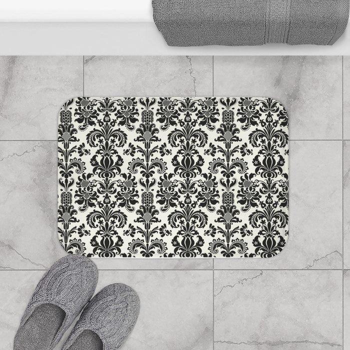 Black White Damask Bath Mat, Vintage Bath Rug, Traditional Bath Mat, Bathtub Mat, Shower Mat, Bathroom Bath Mat, Bathroom Decor