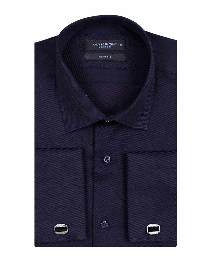 Dark Blue Casual Twill Double Cuffed Shirts-Makrom