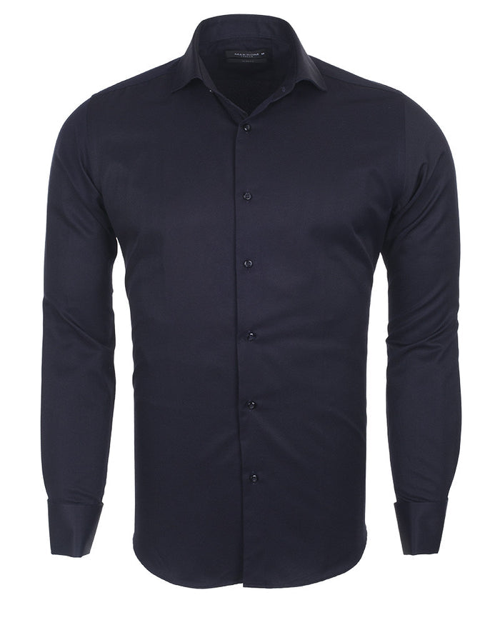 Dark Blue Casual Twill Double Cuffed Shirts-Makrom