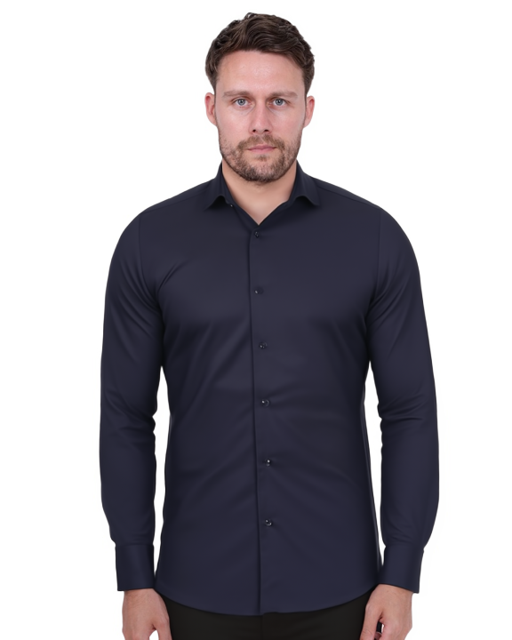 Dark Blue Casual Twill Double Cuffed Shirts-Makrom