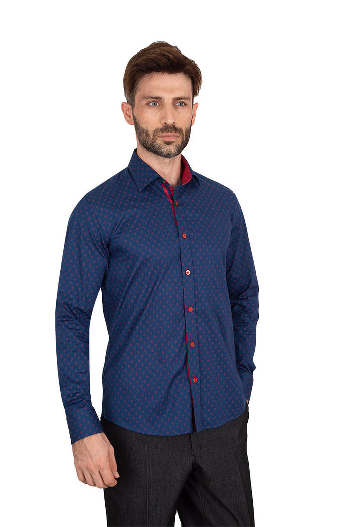 Dark Blue Classic Print Fashion Shirt-Makrom