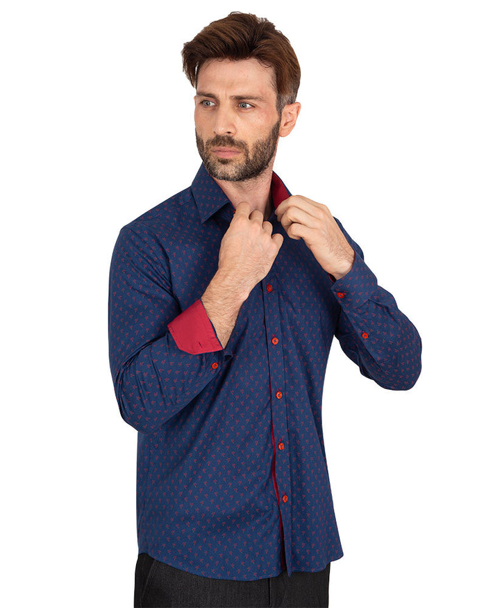 Dark Blue Classic Print Fashion Shirt-Makrom