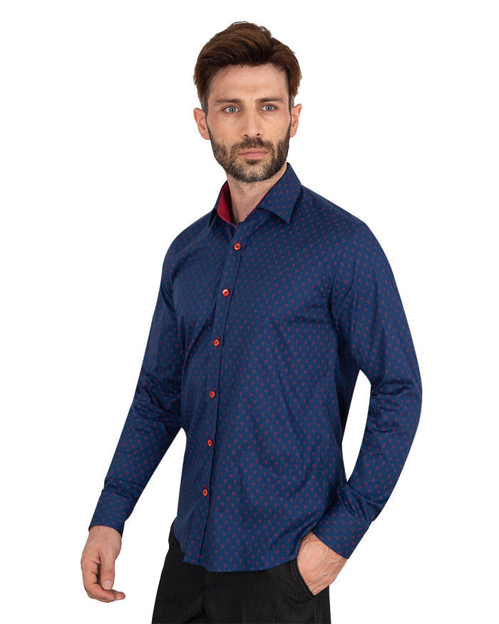 Dark Blue Classic Print Fashion Shirt-Makrom