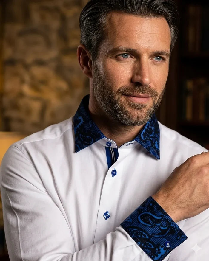 Dark Blue Embroidery Design Collar & Cuff Shirt