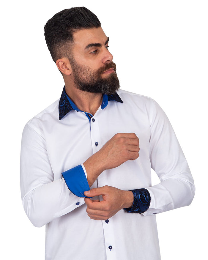 Dark Blue Embroidery Design Collar & Cuff Shirt-Makrom
