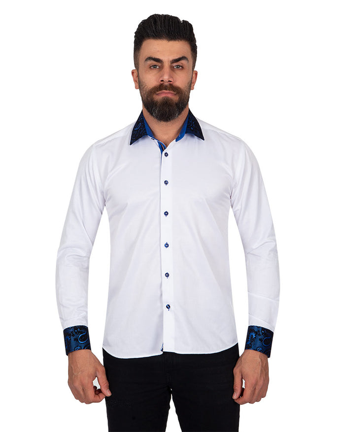Dark Blue Embroidery Design Collar & Cuff Shirt-Makrom