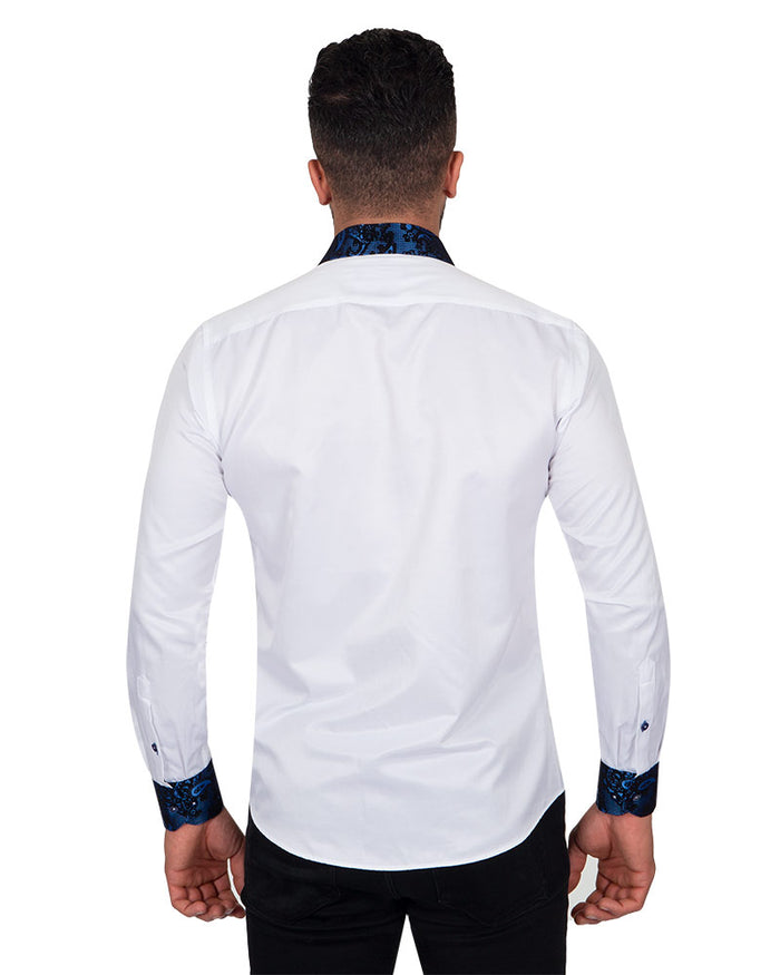 Dark Blue Embroidery Design Collar & Cuff Shirt-Makrom